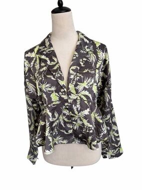 Free People Black Satin Blouse with Lime Floral Print